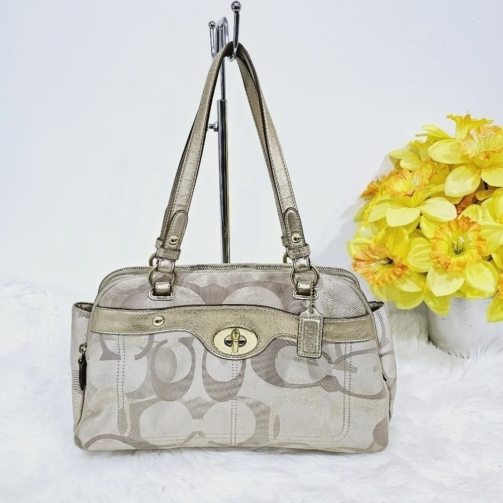 Coach Penelope signature satchel handbag cream and gold